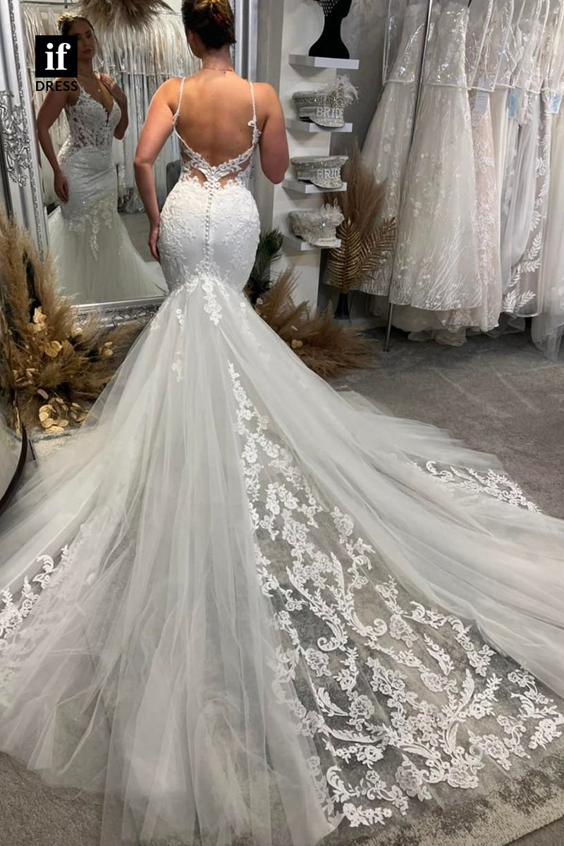 30586 - Spaghetti Straps Backless Trumpet Lace Tulle Wedding Dress