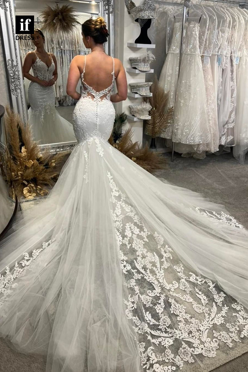 30586 - Spaghetti Straps Backless Trumpet Lace Tulle Wedding Dress
