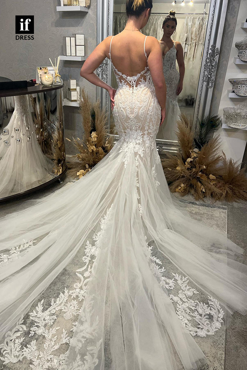 30588 - Sexy Spaghetti Straps V-Neck Trumpet Appliques Wedding Gown