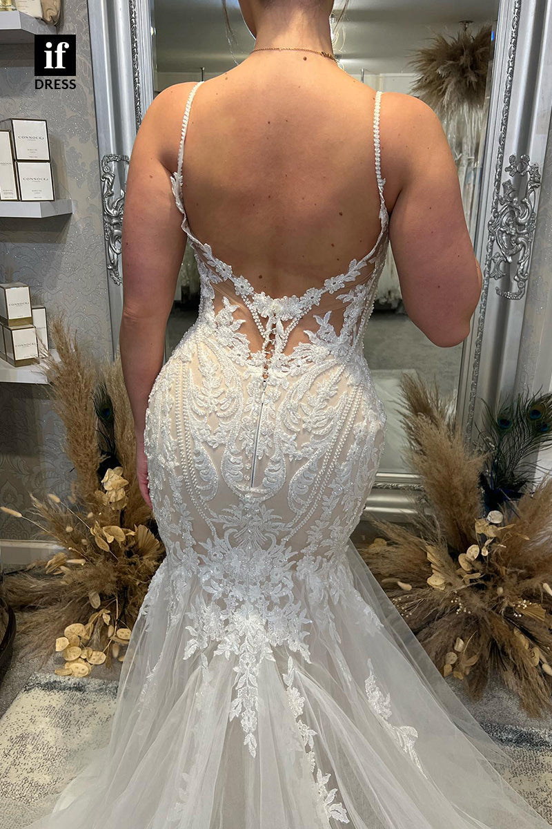 30588 - Sexy Spaghetti Straps V-Neck Trumpet Appliques Wedding Gown