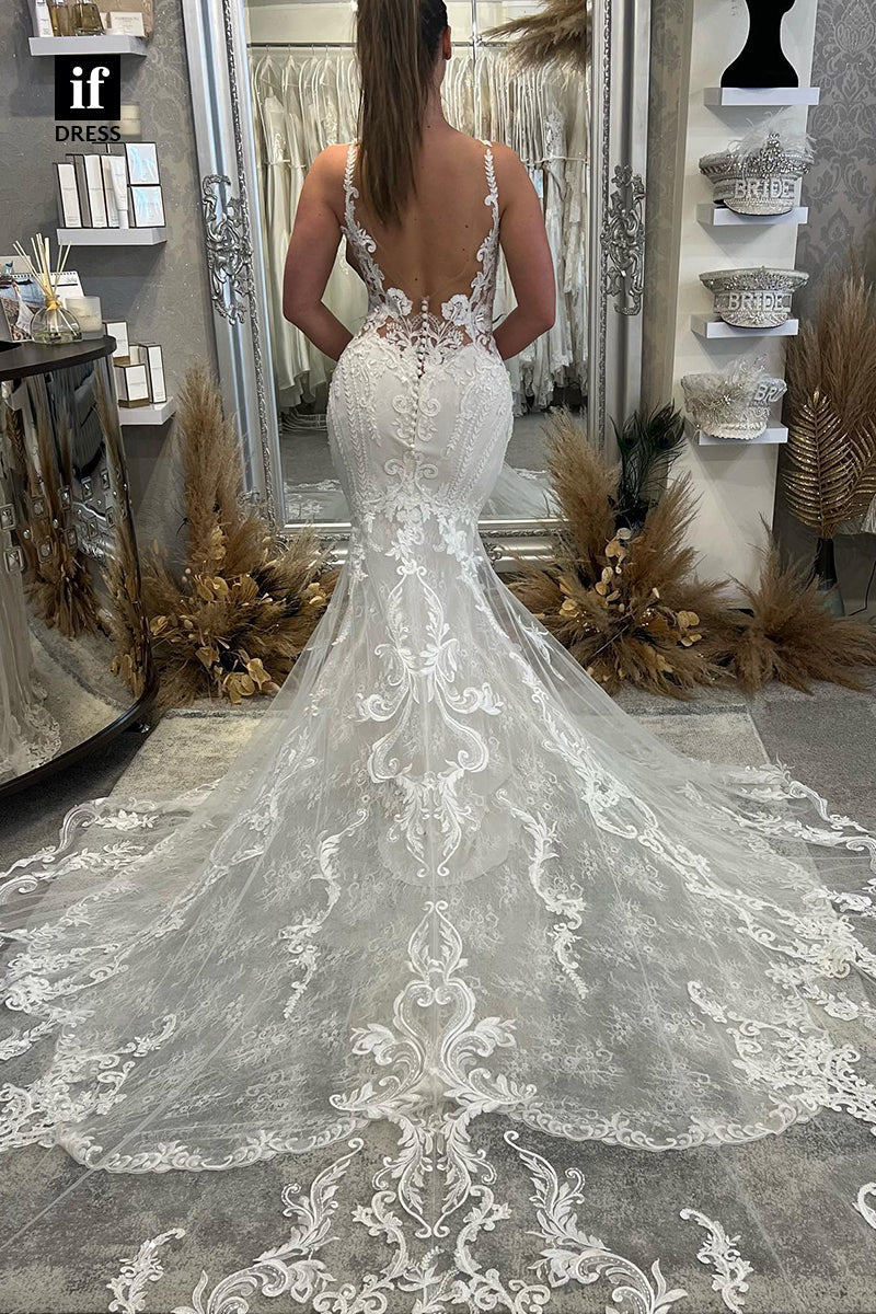 30590 - Illusion Spaghetti Straps V-Neck Trumpet Wedding Dress