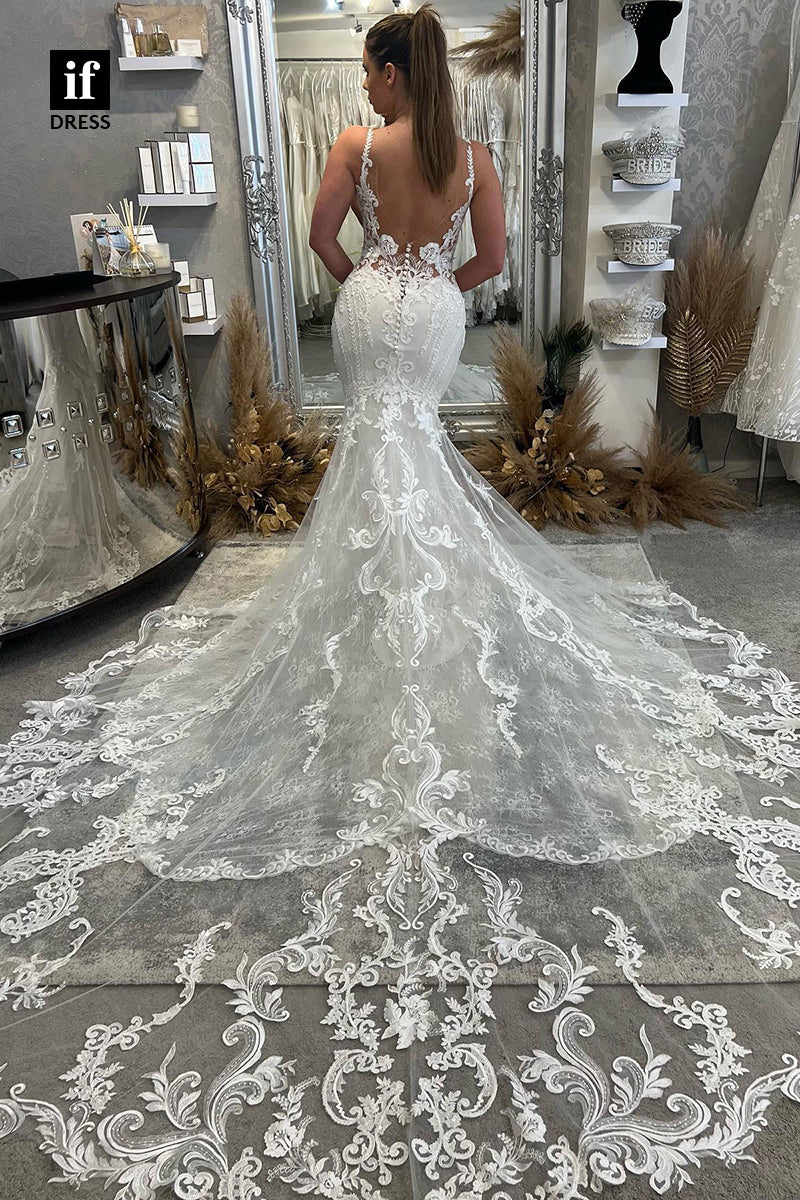 30590 - Illusion Spaghetti Straps V-Neck Trumpet Wedding Dress