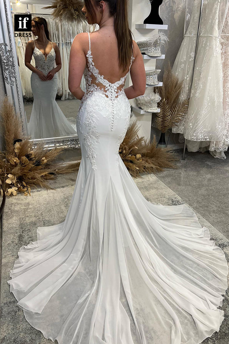 30591 - Attractive V-Neck Spaghetti Sraps Lace Tulle Wedding Dress