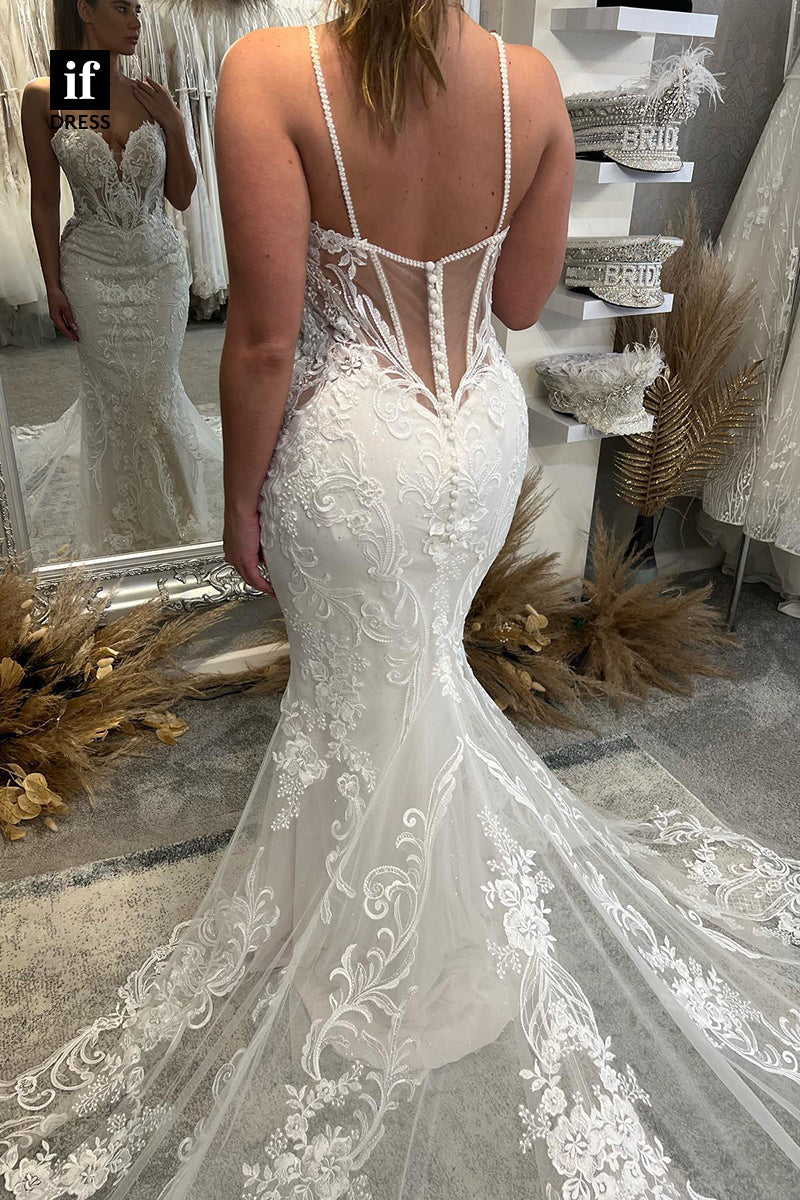 30592 - Illusion Spaghetti Straps Backless Tulle Printed Wedding Dress