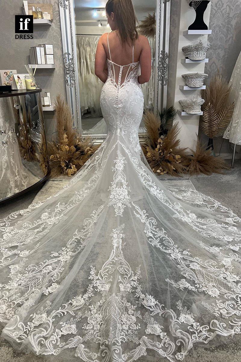 30592 - Illusion Spaghetti Straps Backless Tulle Printed Wedding Dress