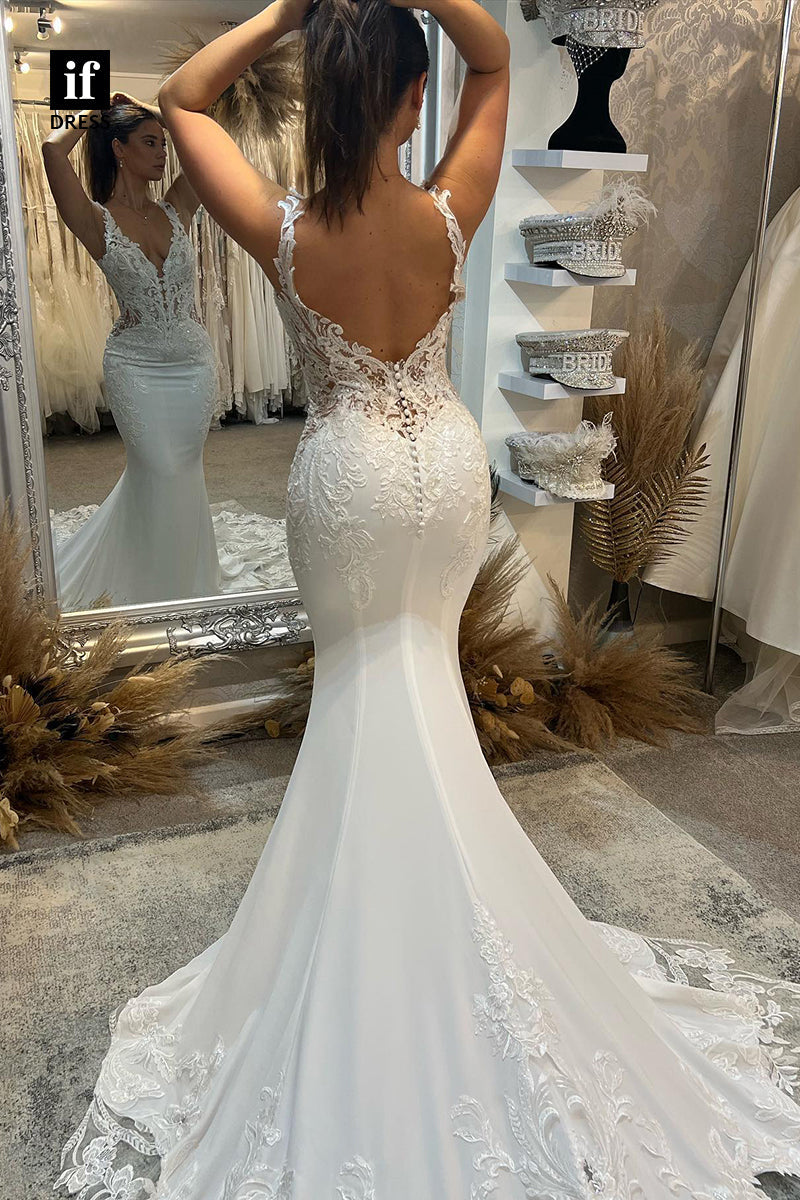 30593 - Classic Sleeveless Backless Lace Appliques Trumpet Wedding Gown