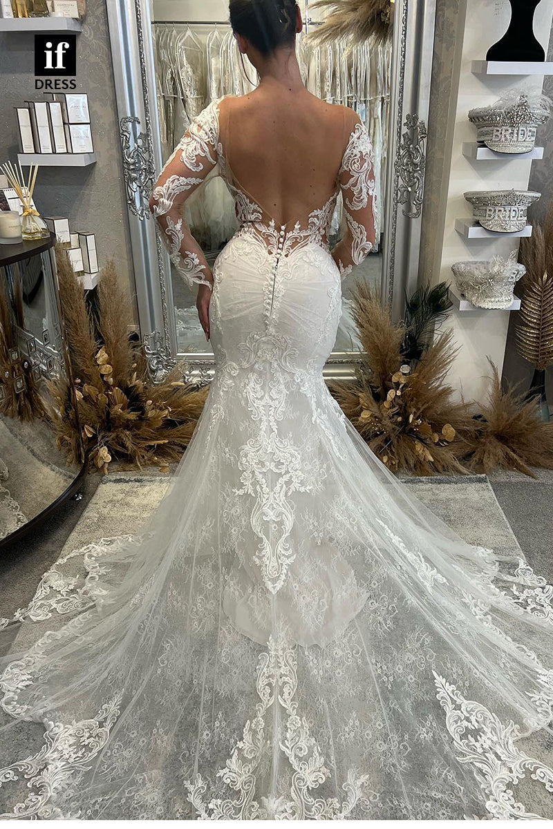 30594 - Elegant Long Sleeves V-Neck Lace Appliques Trumpet Wedding Dress