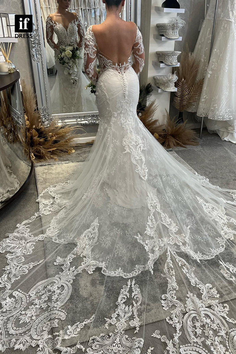 30594 - Elegant Long Sleeves V-Neck Lace Appliques Trumpet Wedding Dress