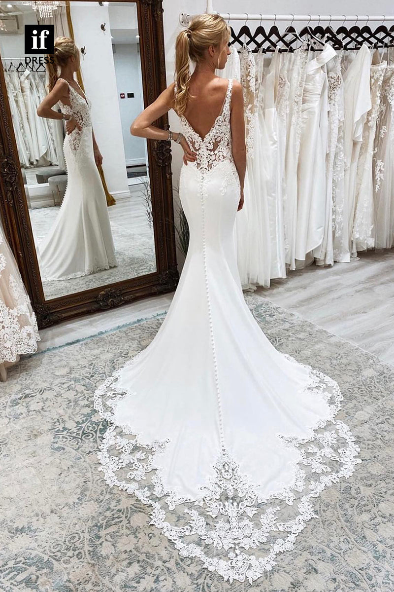 30595 - Illusion V-Neck Sleeveless Lace Appliques Trumpet Wedding Dress