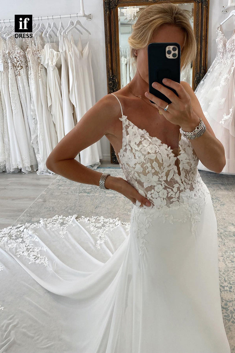 30596 - Elegant Spaghetti Straps V-Neck A-Line Tulle Wedding Dress