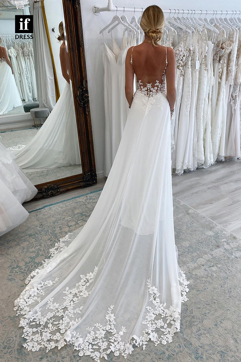30596 - Elegant Spaghetti Straps V-Neck A-Line Tulle Wedding Dress