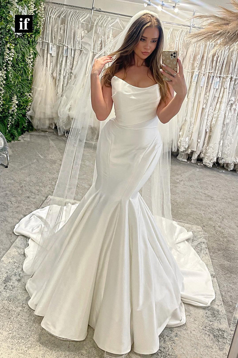 30597 - Attractive Off-Shoulder Scoop Pleats Trumpet Wedding Dress