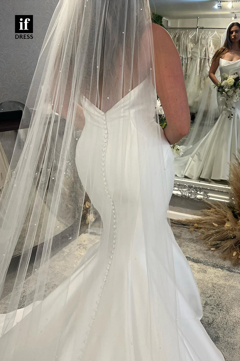 30597 - Attractive Off-Shoulder Scoop Pleats Trumpet Wedding Dress
