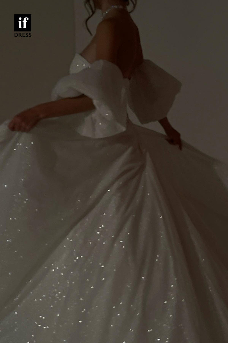 30598 - Sparkly A-Line Off-Shoulder Sweetheart Sequined Wedding Dress
