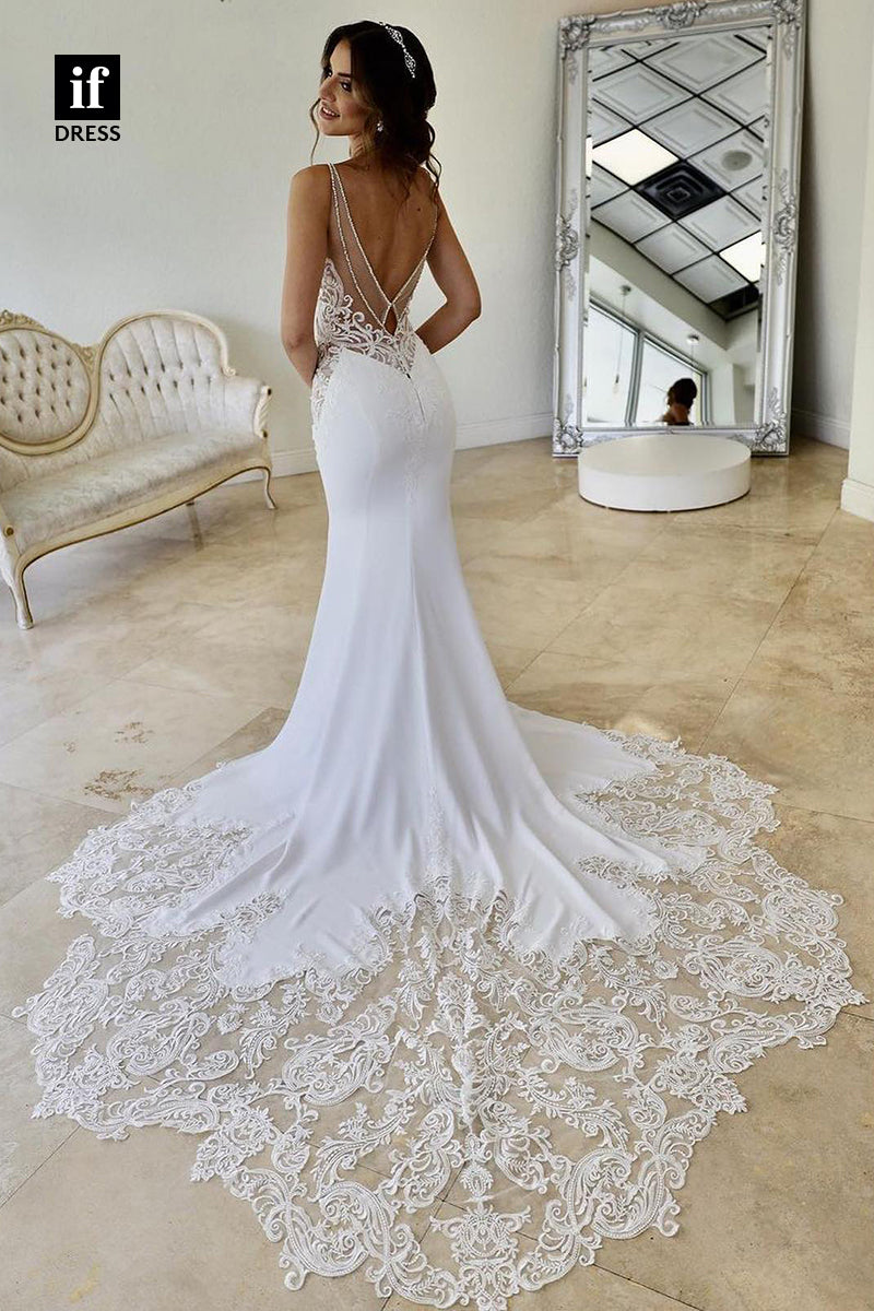 30599 - Sexy Spaghetti Straps V-Neck Appliques Trumpet Wedding Dress