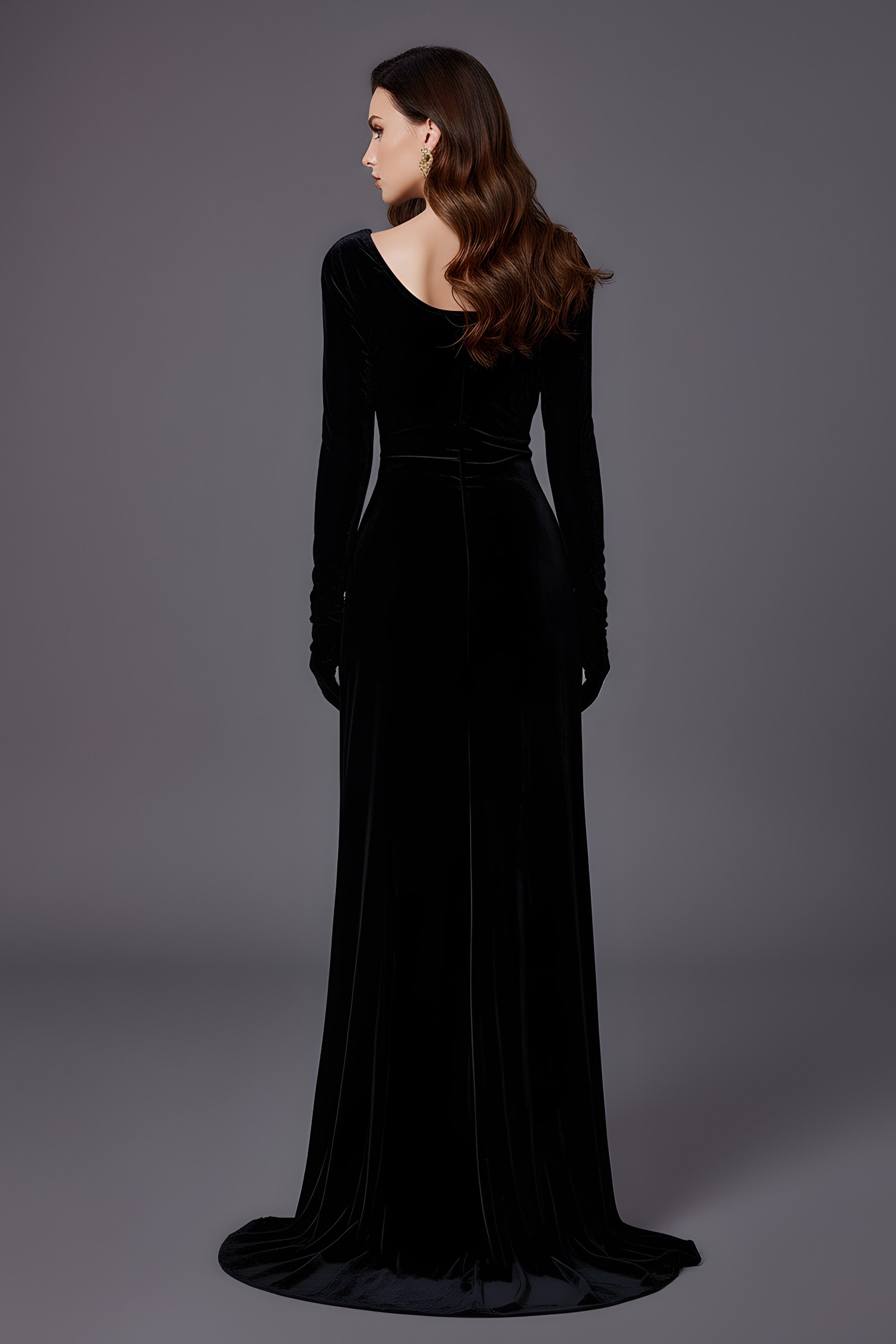 Elegant Velvet Long Sleeve Floor Length Evening Gown With Slit
