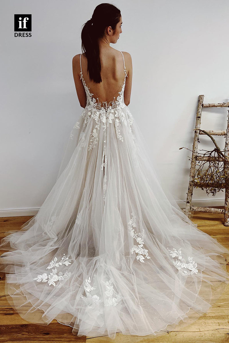 31676 - A Line V-Neck Lace Appliques Romantic Wedding Dress