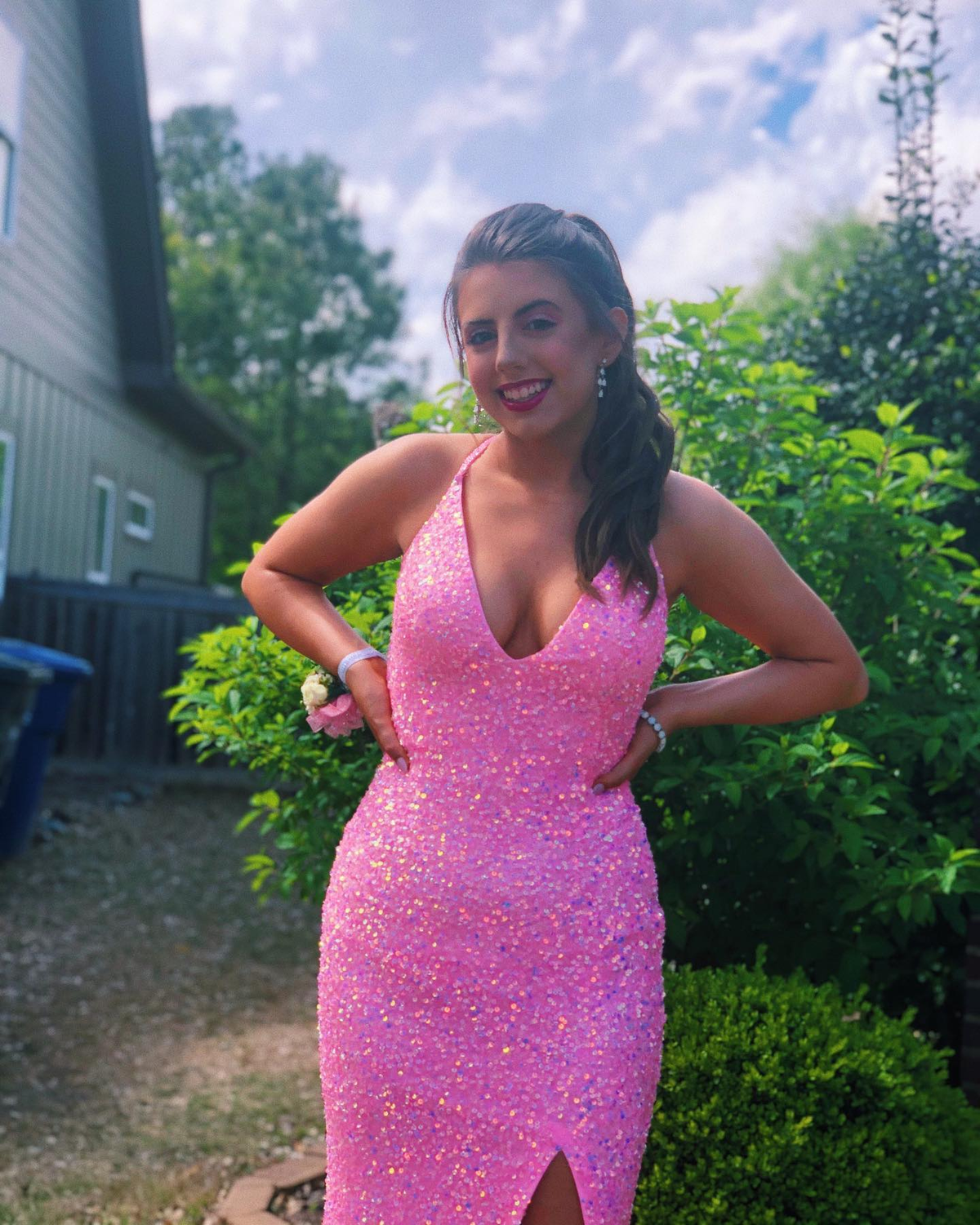 Pink Halter Neckline Sequins Prom Dress Sexy Evening Dress Side Slit Y268 - View 2 | VelvetHem