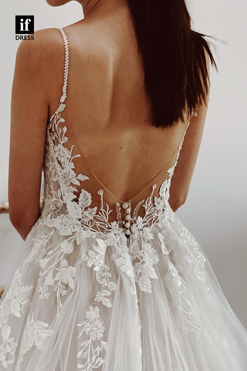 31676 - A Line V-Neck Lace Appliques Romantic Wedding Dress