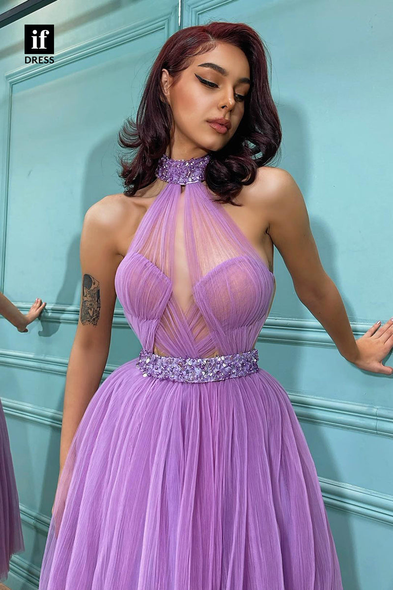 30908 - High Neckline Beads Vintage Prom Formal Dress