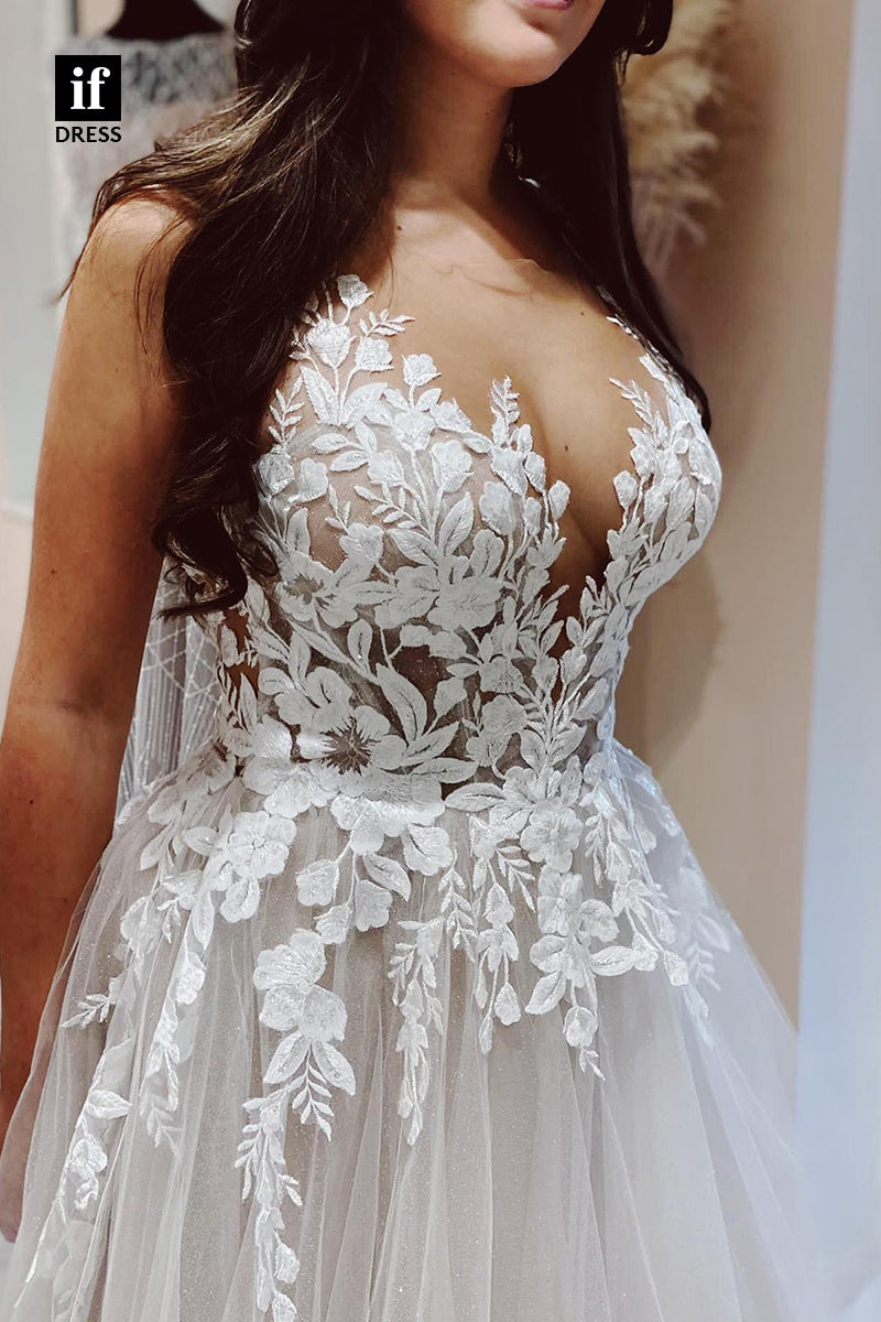 31677 - Plunging V-Neck Lace Appliques A Line Rustic Wedding Dress
