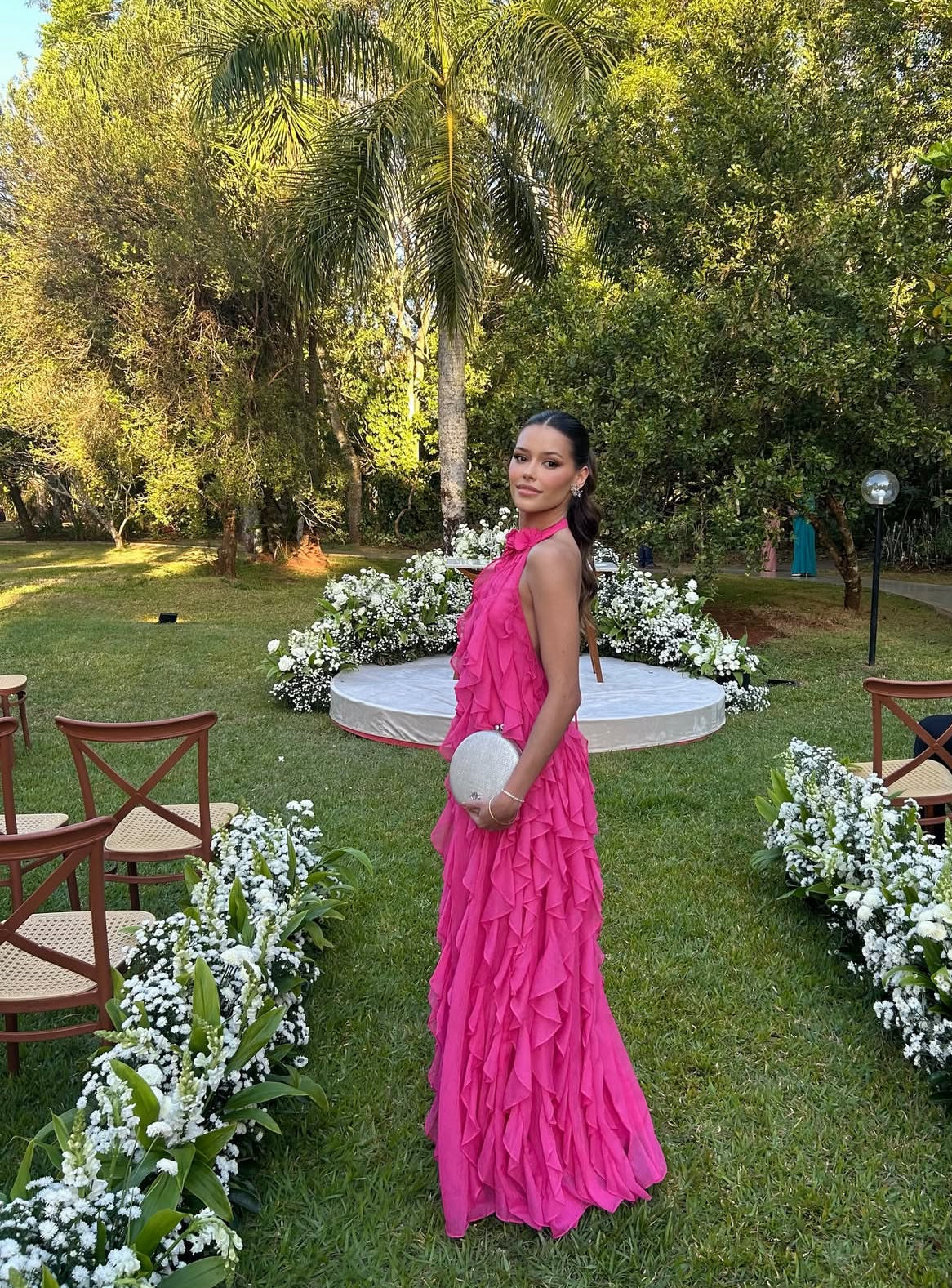 Halter Pink Ruffle Long Prom Dress Wedding Guest Dress J8875