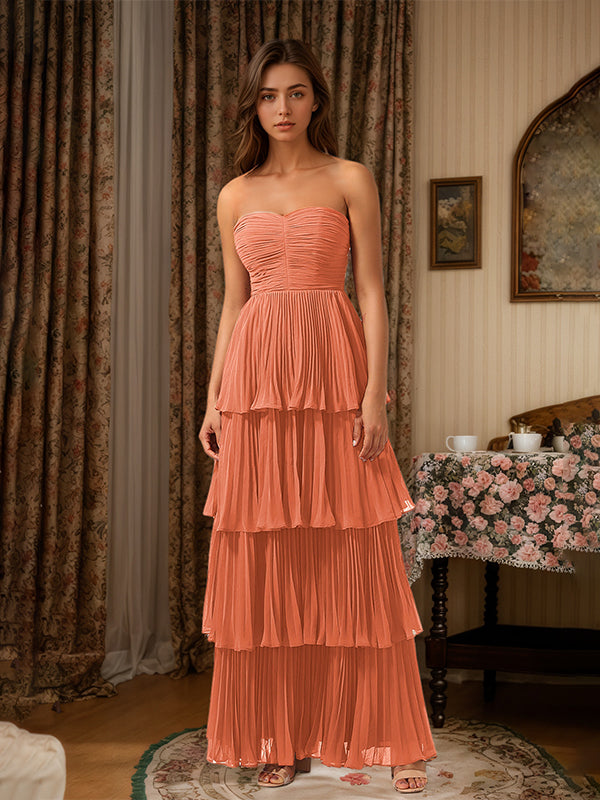 Burgundy A-Line Sweetheart Floor-Length Tiered Chiffon Bridesmaid Dress