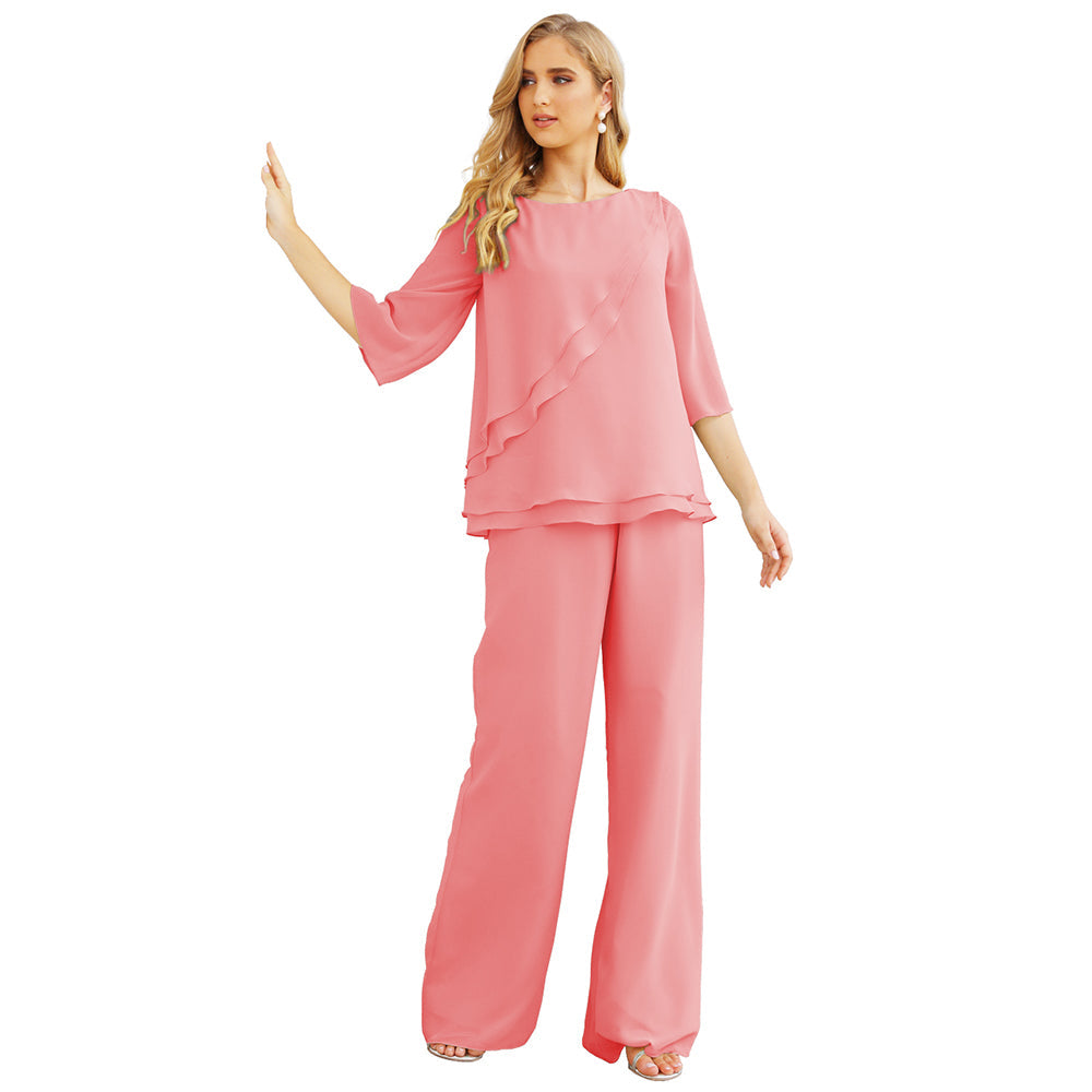 Sunnderly Chiffon Mother of The Bride Dress Plus Size Pant Suits Ruffle Layers