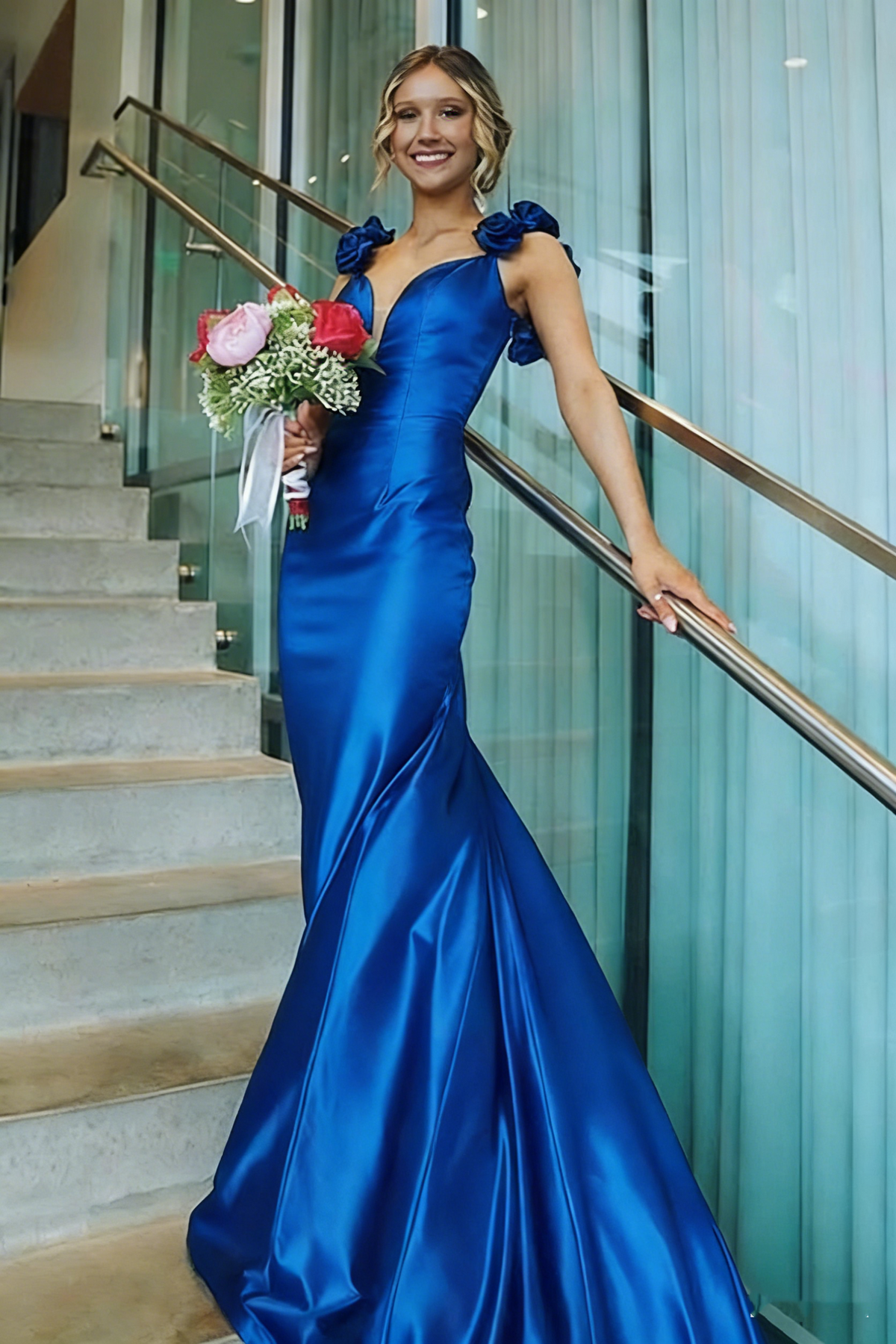 Sexy Mermaid Straps Neckline Pink Satin Backless Evening Gown Prom Dresses - View 9 | FashionDia