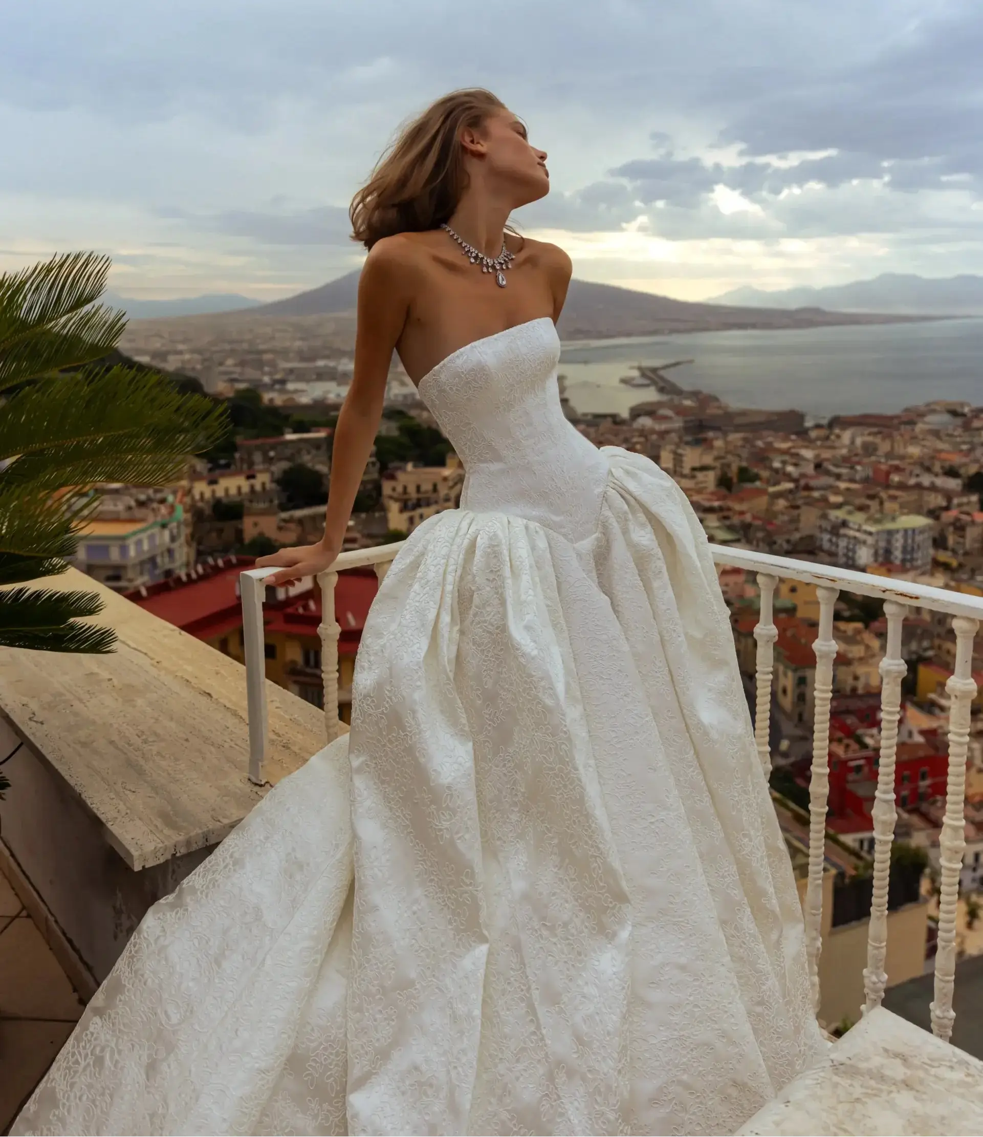 Classic White Satin Strapless Ball Gown Wedding Dress with Train ZP122 - View 2 | VelvetHem