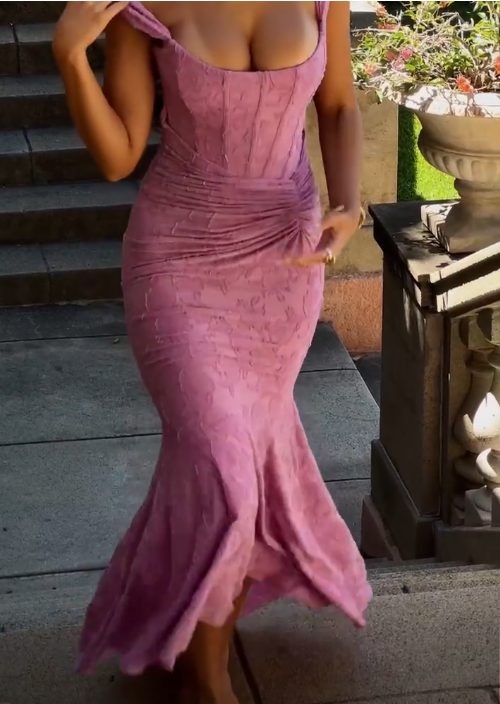 Sexy Rose Pink Floral Long Prom Dress Mermaid Party Evening Dress - FashionDia