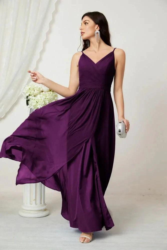 Numbersea Chiffon V-Neck Bridesmaid Dress Spaghetti Strap Long Formal Party Prom Gowns with Slit 28010 by numbersea