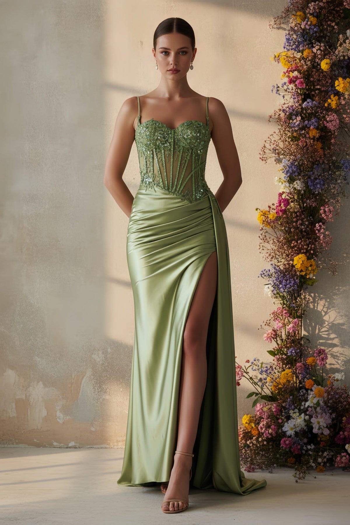 Spaghetti Strap Sequin Corset Evening Gown with High Slit - VelvetHem