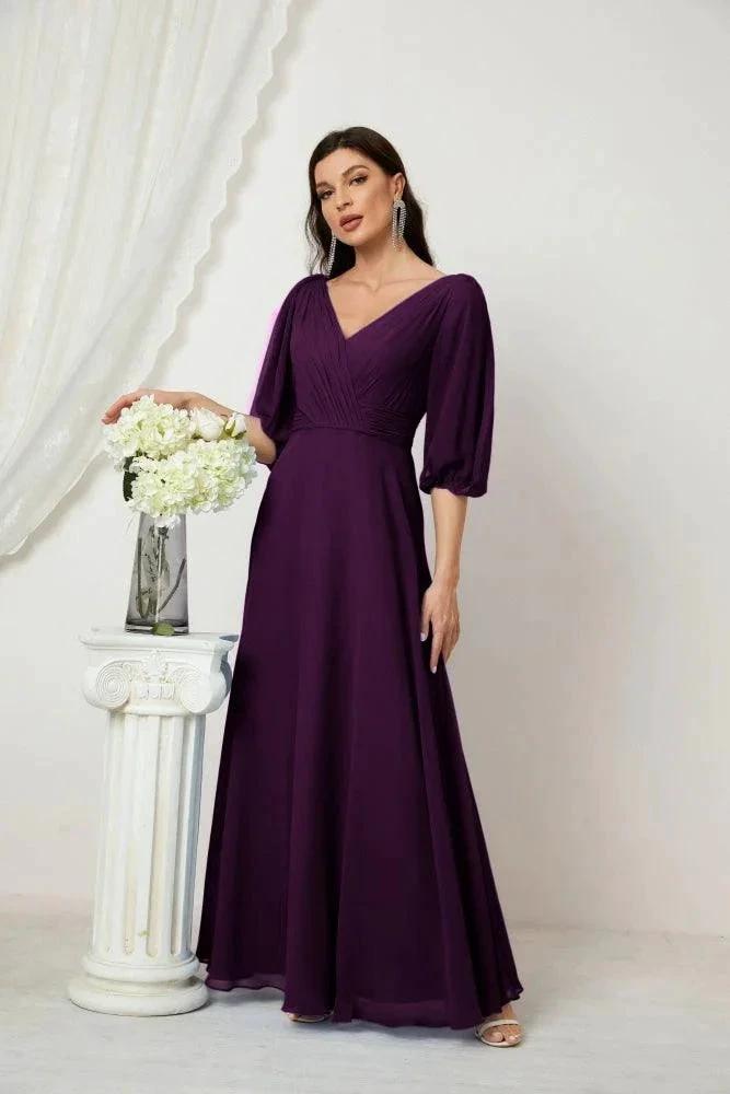 Numbersea Formal Prom Gown Women V-Neck Chiffon Bridesmaid Dresses Long Bishop Sleeve Party Dress 2807 by numbersea