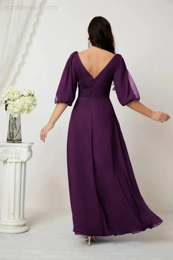 ZapDress Formal Prom Gown Women V-Neck Chiffon Bridesmaid Dresses Long Bishop Sleeve Party Dress 2807 (ZD17027)