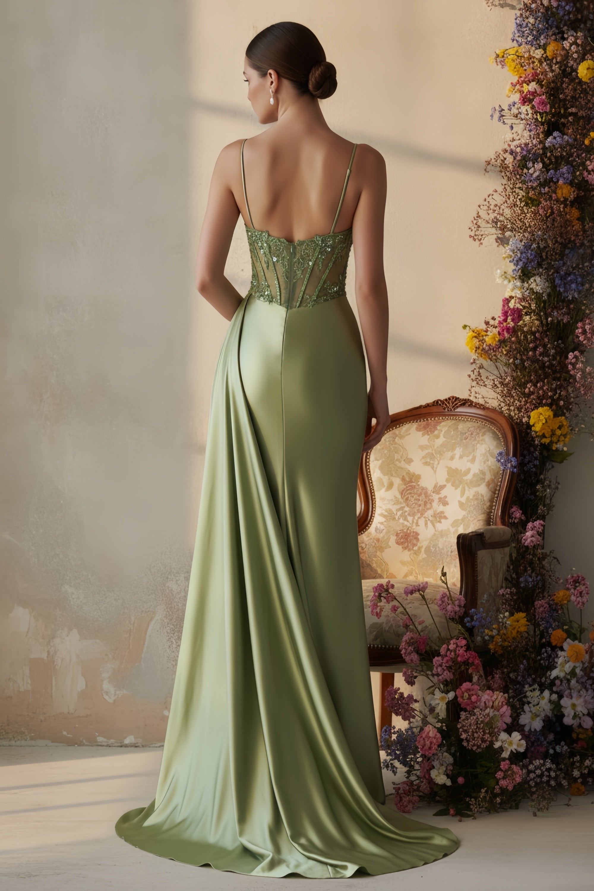 Spaghetti Strap Sequin Corset Evening Gown with High Slit