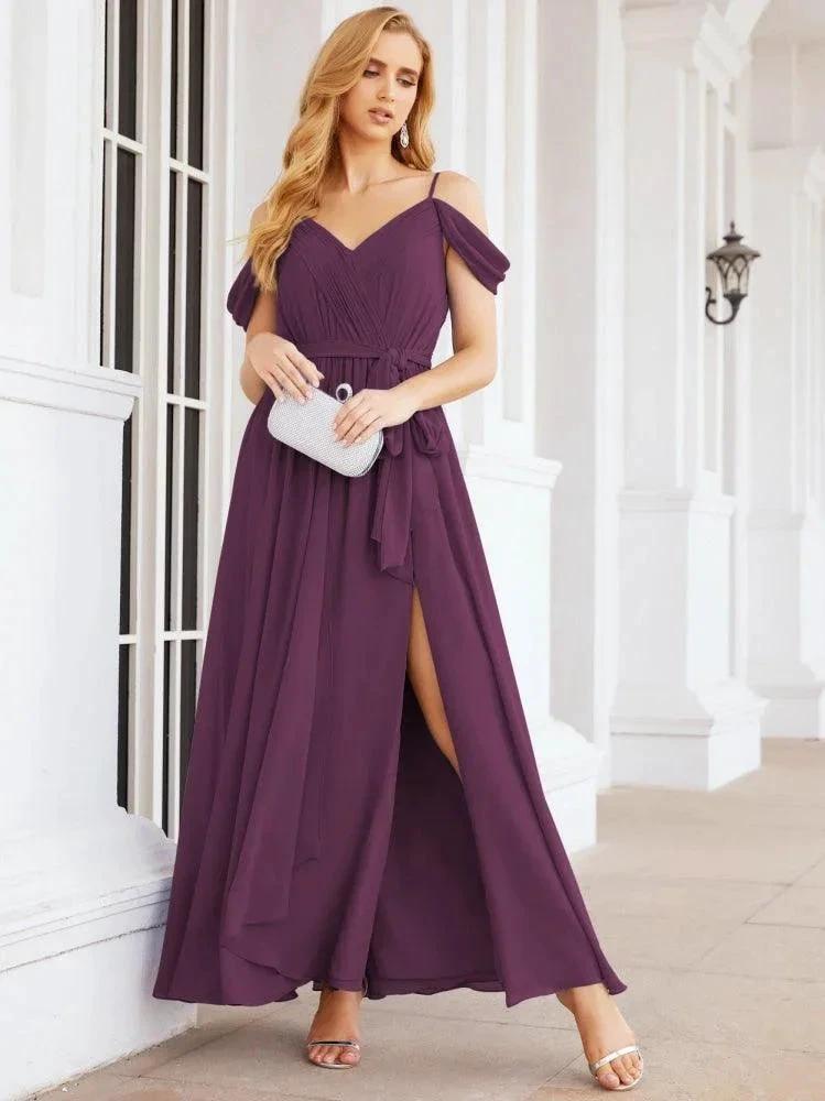 Numbersea Off The Shoulder Chiffon Bridesmaid Dress Long Formal Graduation Gown with Cowl Back 28069 by numbersea