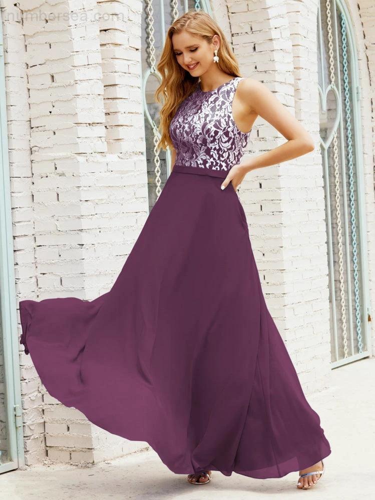 Lace Bridesmaid Dress Floor Length Evening Gowns with Pockets 28017 (ZD16964)