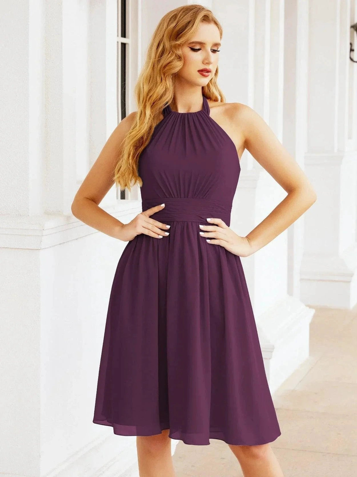 ZapDress Halter Chiffon Bridesmaid Dresses Short Sleeveless Formal Party Dress Open Back 28023 (ZD16957)