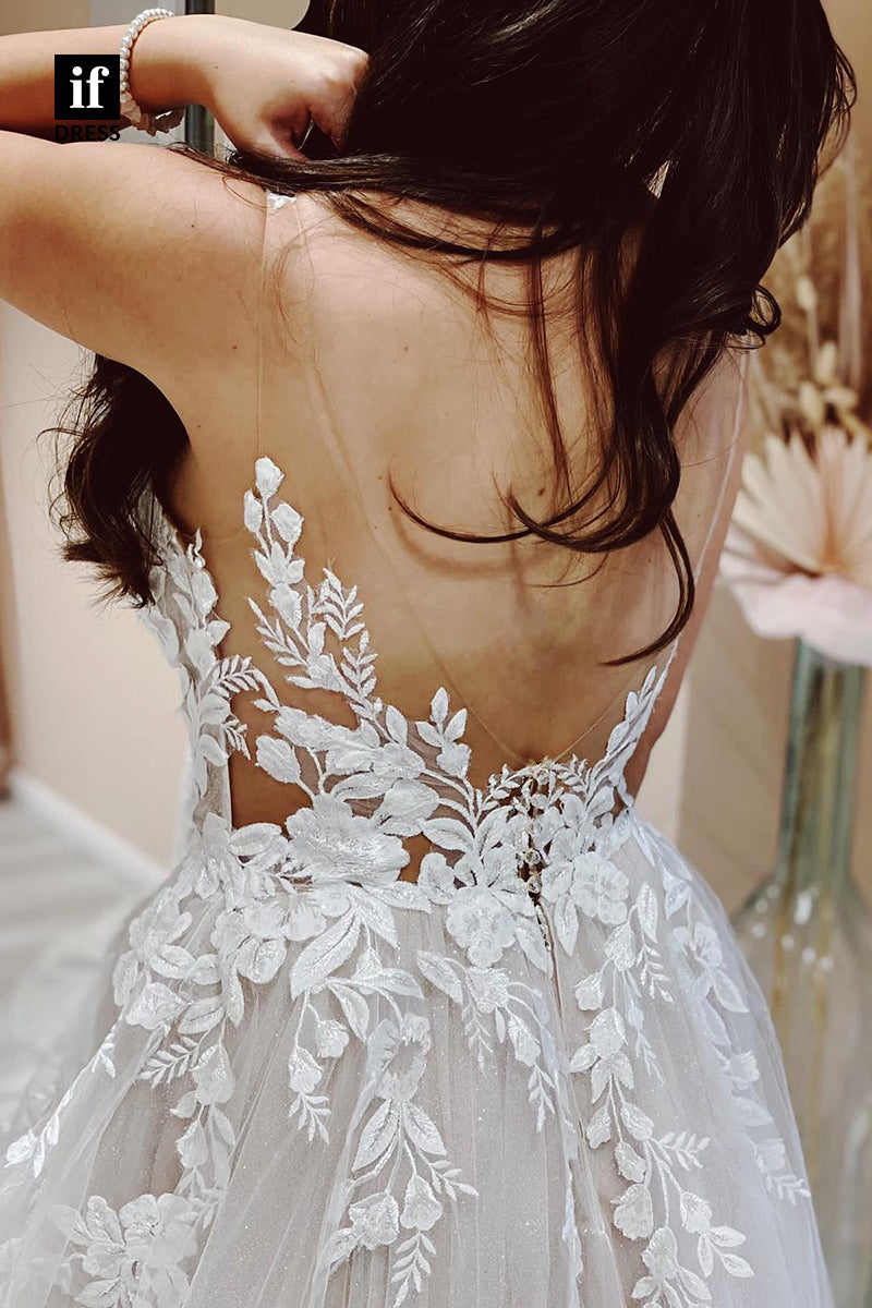 31677 - Plunging V-Neck Lace Appliques A Line Rustic Wedding Dress