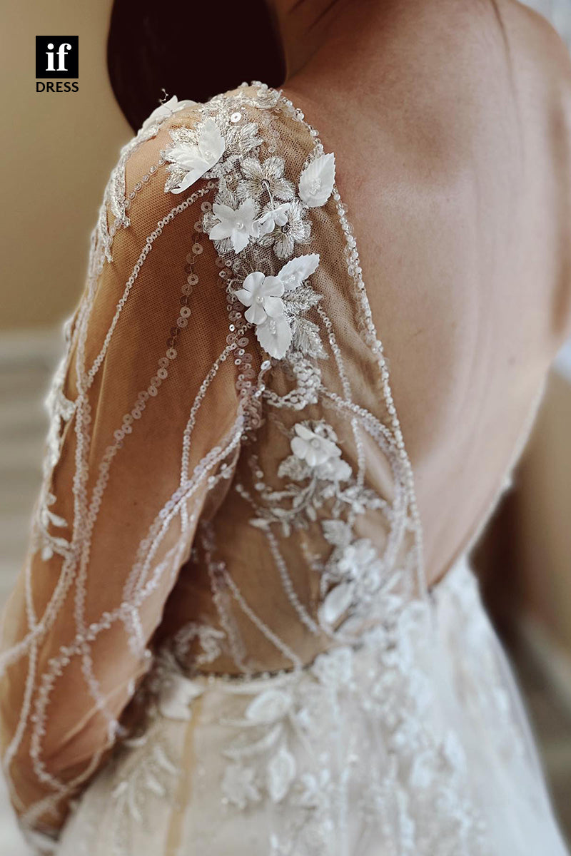 31678 - Illusion Neckline 3D Appliques Long Sleeves A Line Bohemian Wedding Dress