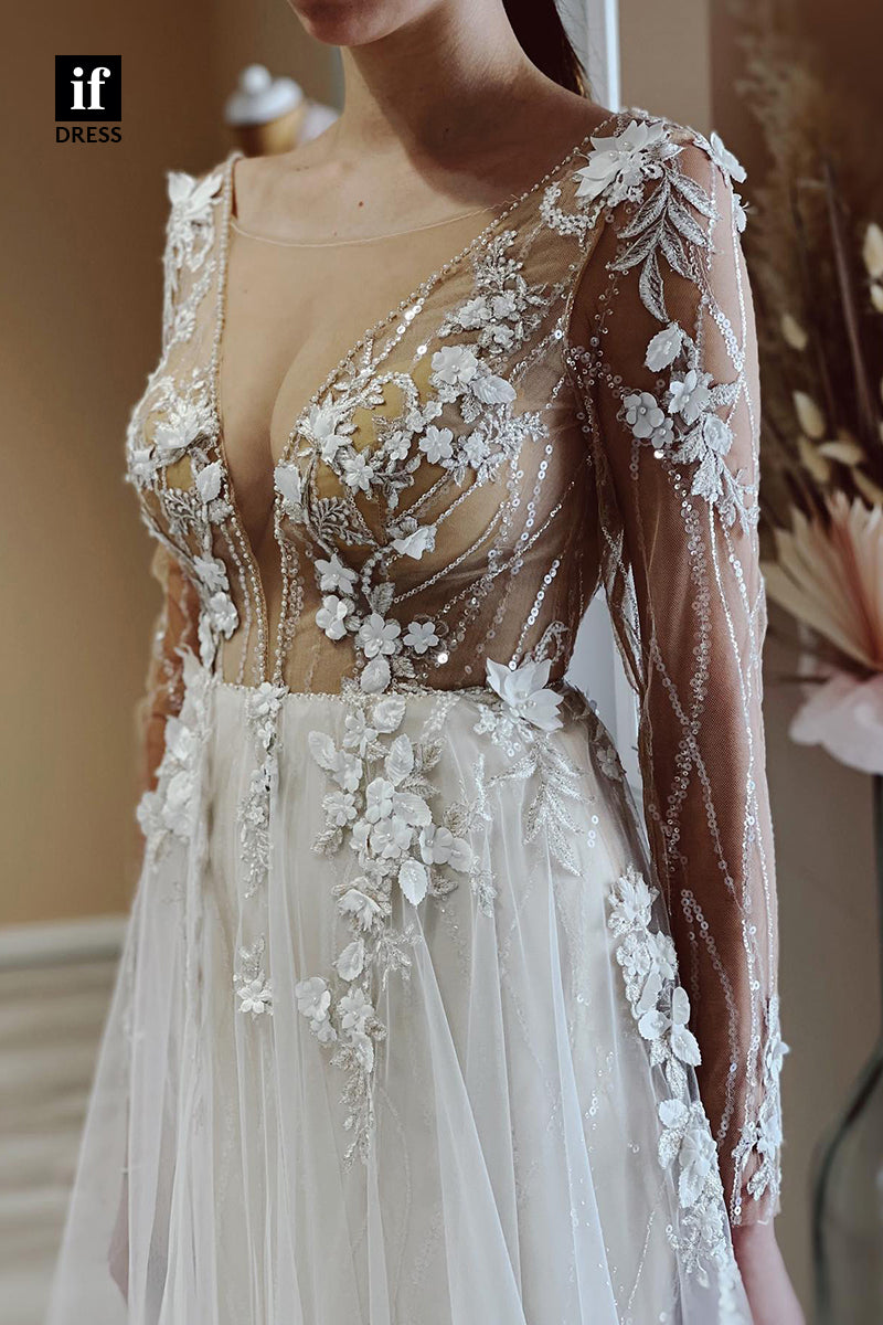 31678 - Illusion Neckline 3D Appliques Long Sleeves A Line Bohemian Wedding Dress