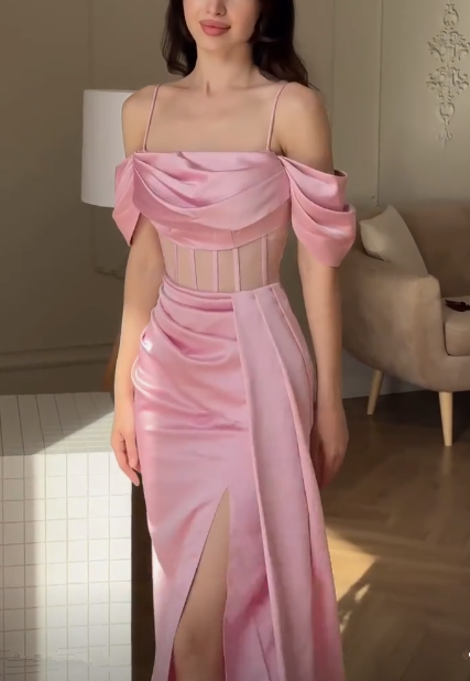 Pink Mermaid Evening Dress Long Slit Party Prom Dress - View 2 | FashionDia