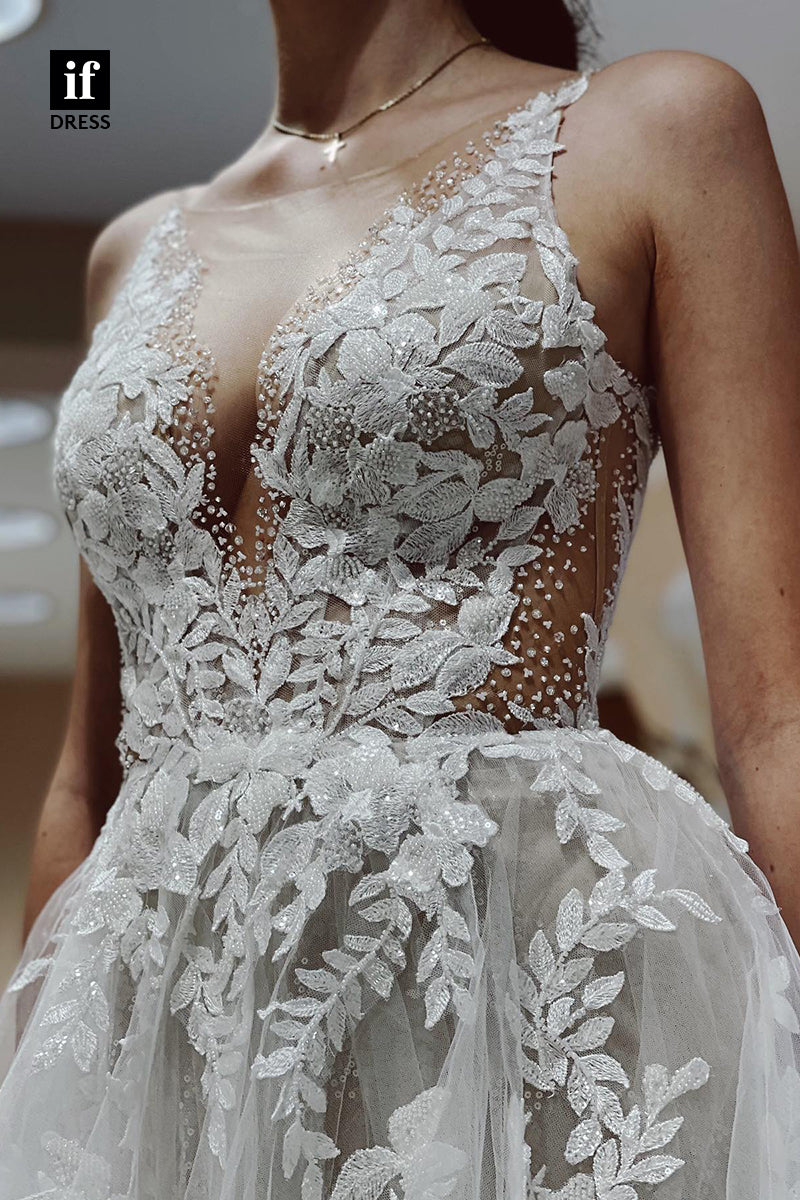 31679 - Illusion V-Neck Lace Appliques A Line Rustic Wedding Dress
