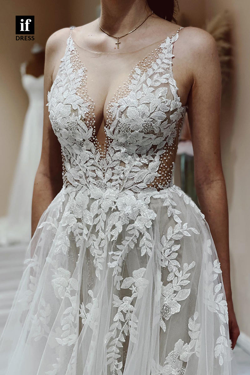 31679 - Illusion V-Neck Lace Appliques A Line Rustic Wedding Dress