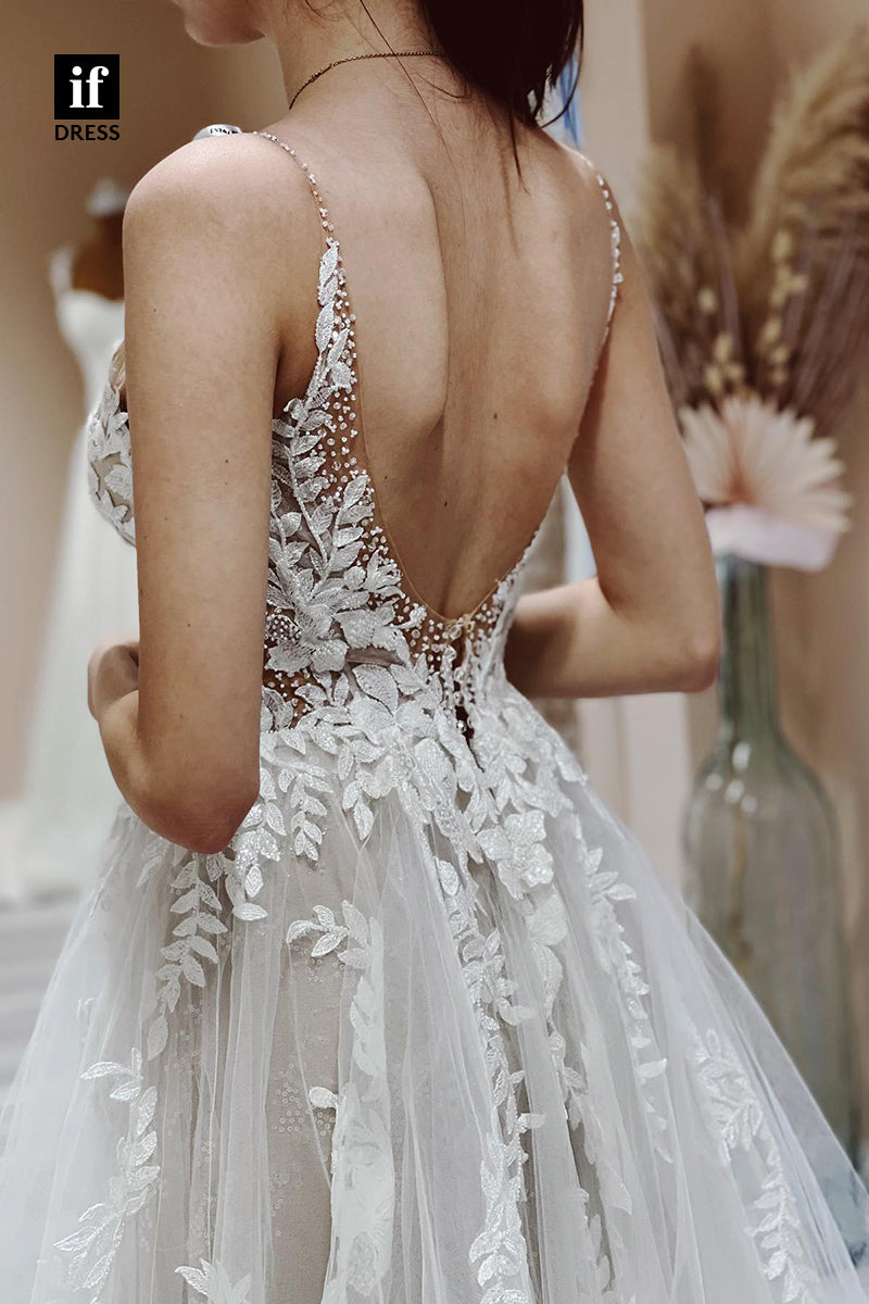 31679 - Illusion V-Neck Lace Appliques A Line Rustic Wedding Dress