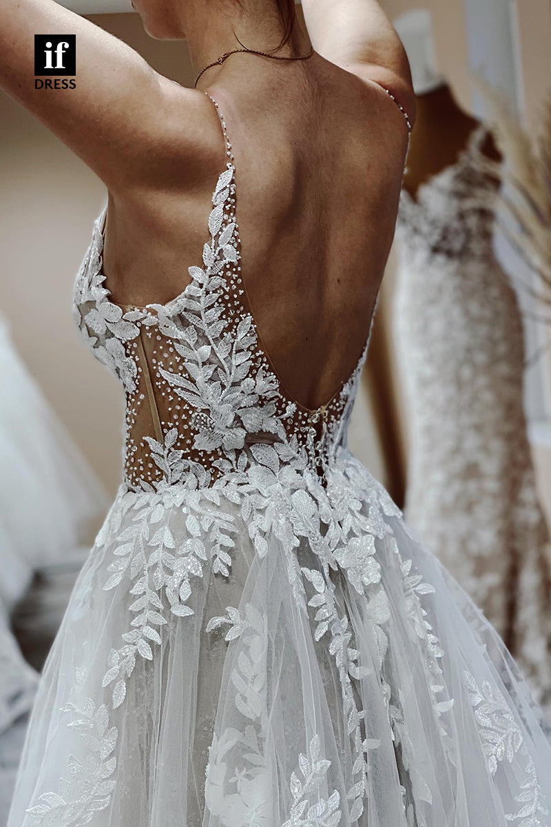 31679 - Illusion V-Neck Lace Appliques A Line Rustic Wedding Dress