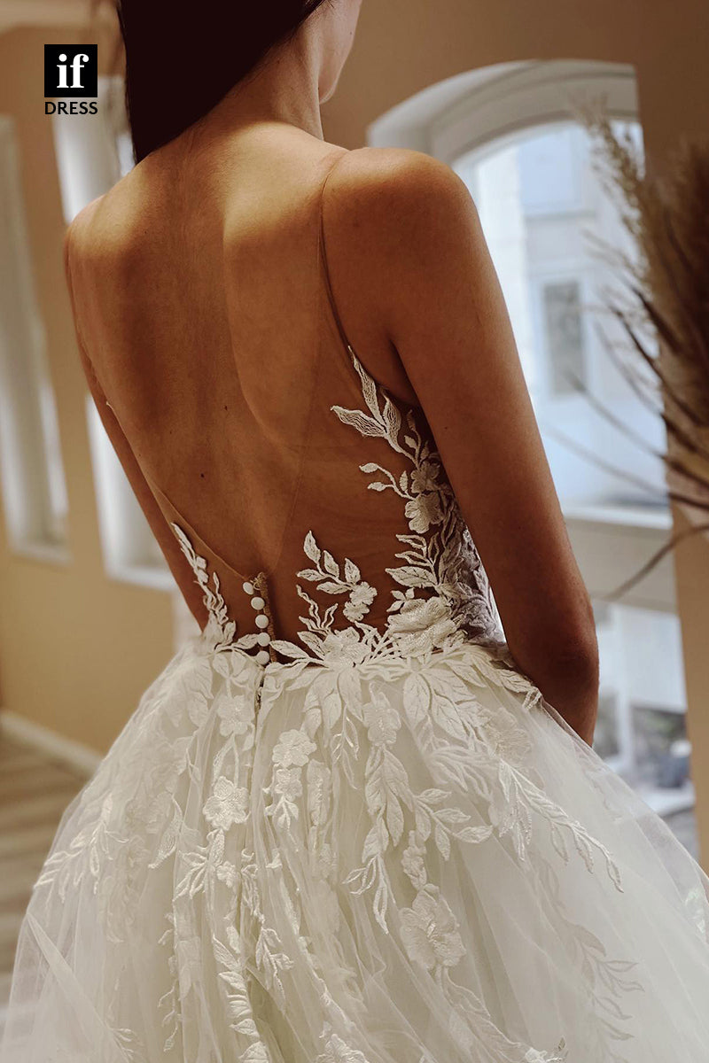 31680 - A line Illusion Neckline Romantic Lace Appliques Wedding Dress
