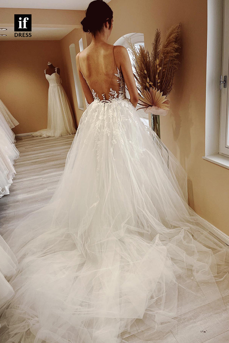 31680 - A line Illusion Neckline Romantic Lace Appliques Wedding Dress