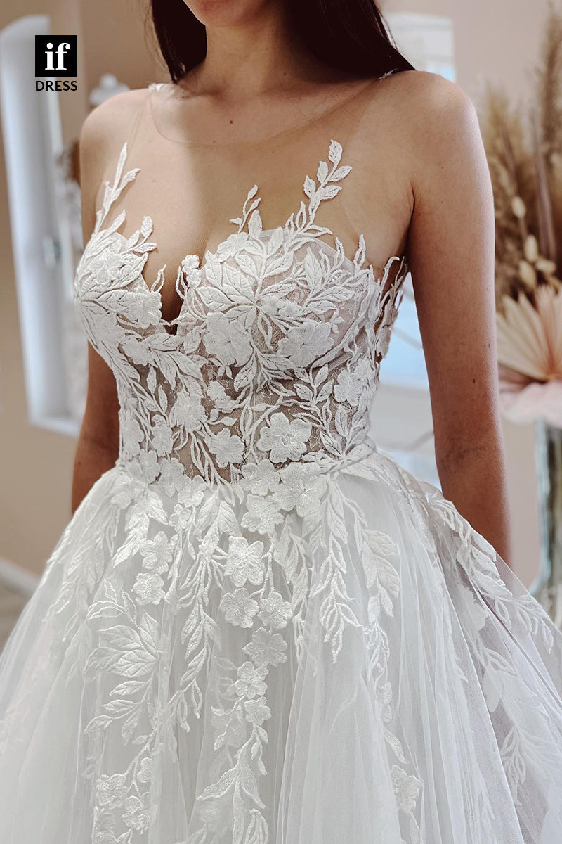 31680 - A line Illusion Neckline Romantic Lace Appliques Wedding Dress